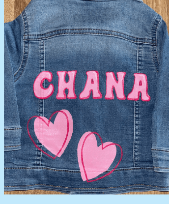 Denim jacket hand-painted with the name CHANA and hearts
